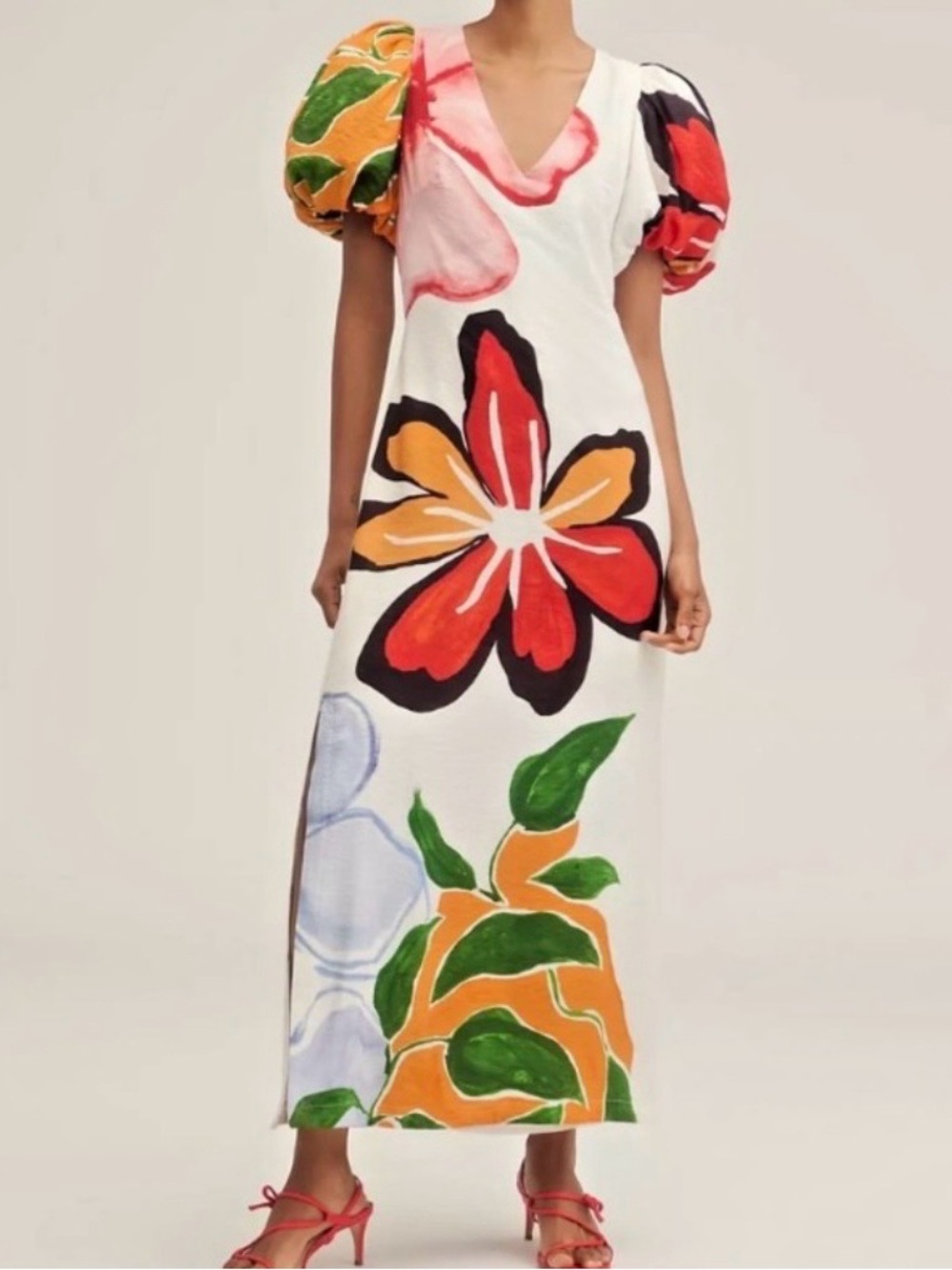 Anthropologie White Maxi Dress with Red, Orange & Green Floral Print